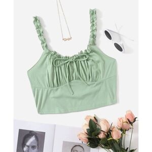 SHEIN Sage Green Frill Trim Tie Front Ruched Bust Crop Top - Small